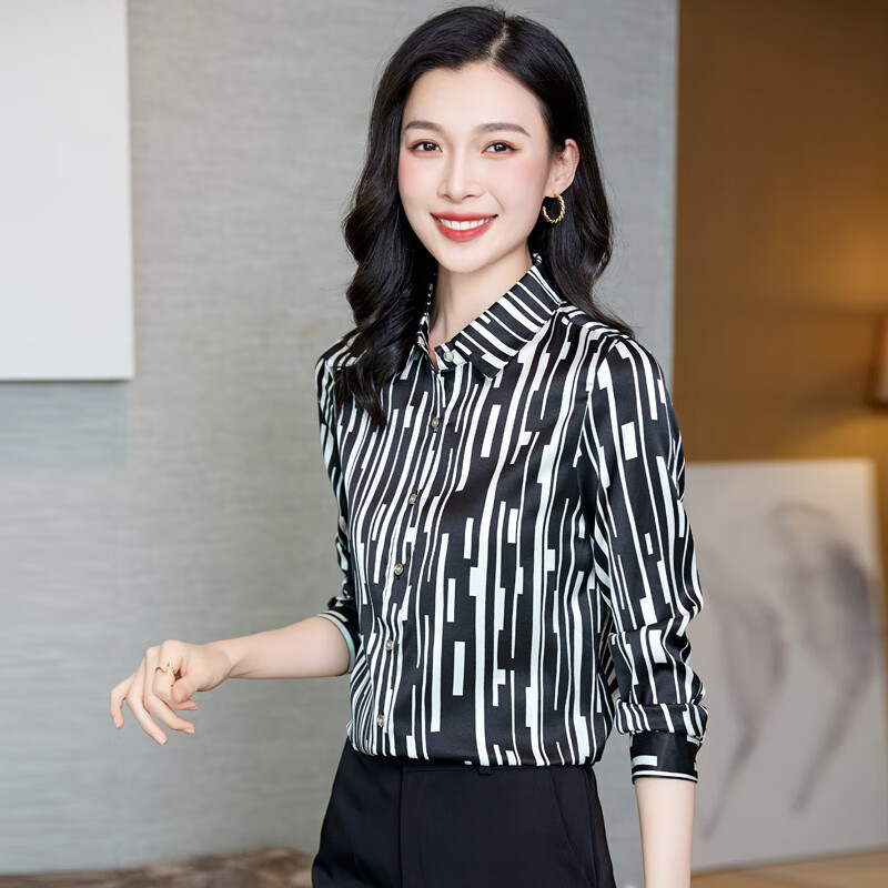 真丝衬衫女春夏新款优雅条纹高端设计感上衣百搭修身桑蚕丝衬衣 黑条