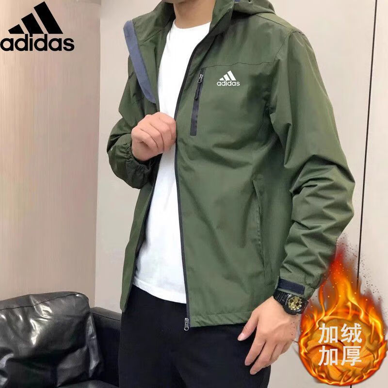 阿迪达斯 （adidas）三叶草冬季男士冲锋衣加绒加厚保暖风衣防风防水防寒连帽夹克外套剪标尾货 军绿色[加绒款] XL[建议120-145斤]