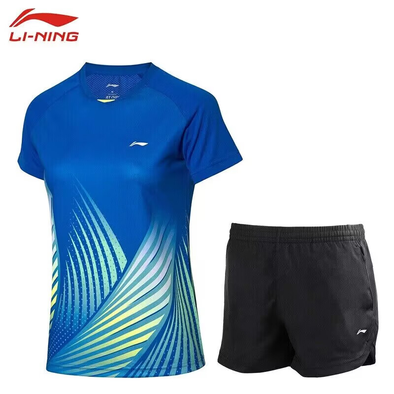 李宁（LI-NING）羽毛球服女款速干套装短袖AAYQ074-1+短裤晶蓝色L