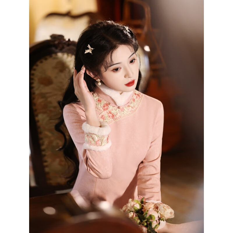 百丽驼美士 balitomms粉色旗袍新款改良年轻款少女秋冬季长袖加厚保暖