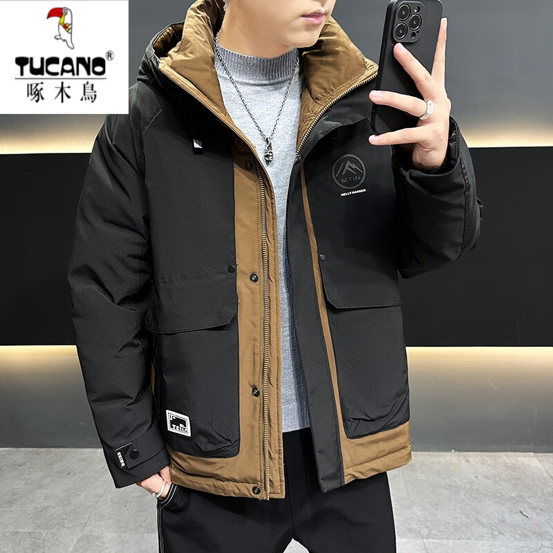 啄木鸟羽棉绒服男士冬季新款加厚保暖男装休闲工装连帽上衣外套男 C208至239839焦糖 4XL 【171至200斤】