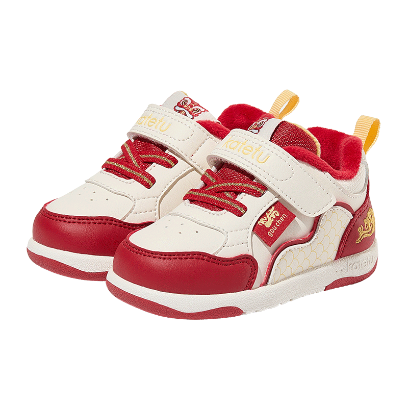卡特兔童鞋儿童学步鞋宝宝新年款鞋冬新加绒保暖板鞋儿童棉鞋拜年儿童鞋 白红 26 内长16.0cm  脚长15.0-15.5
