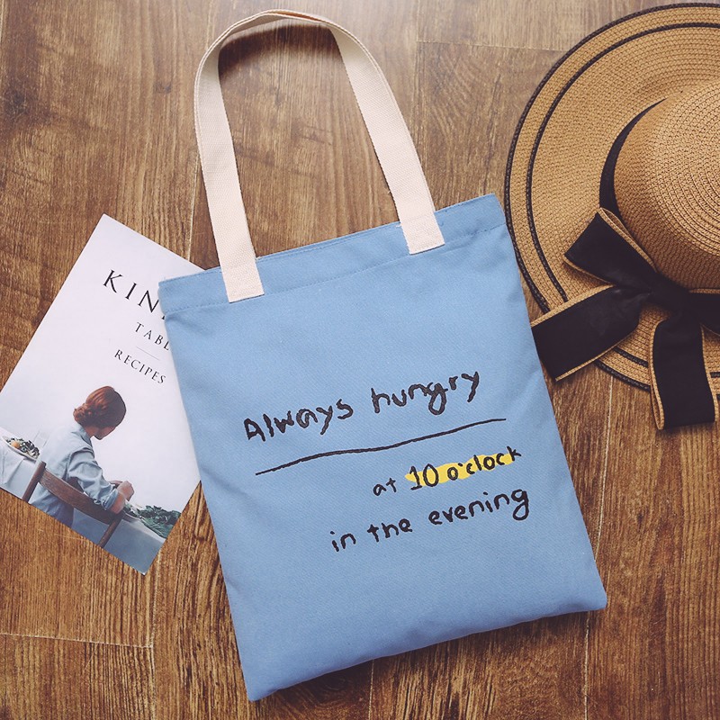 映季帆布袋女大容量手提袋文艺学生装书袋帆布包 蓝色文字 见详情图