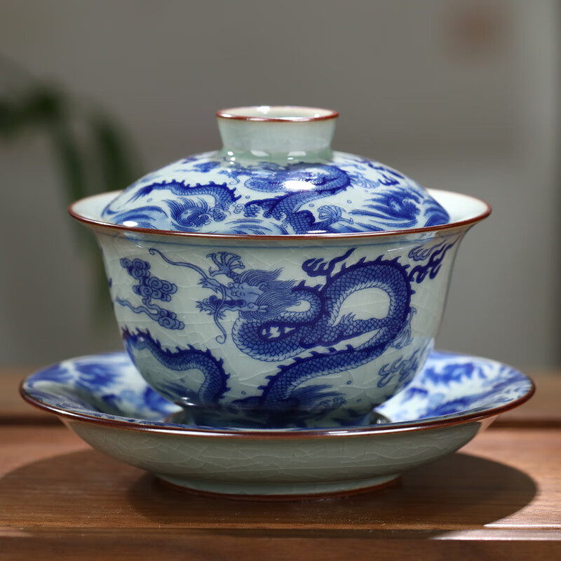 裂均景德镇青花瓷泡茶碗陶瓷盖碗茶杯茶具家用复古三才碗茶备开片可养 江山多娇-老陶泥盖碗