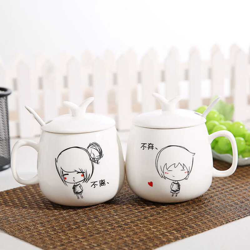 杯喝水杯咖啡杯早餐牛奶马克杯礼物搭配 不离不弃对杯两个杯子带盖勺