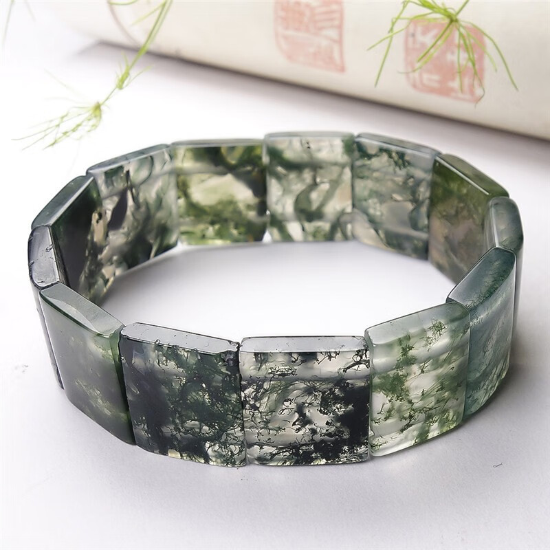 碧凤阁天然水草玛瑙手排冰透水墨飘花男女情侣玉石手串草绿色手牌