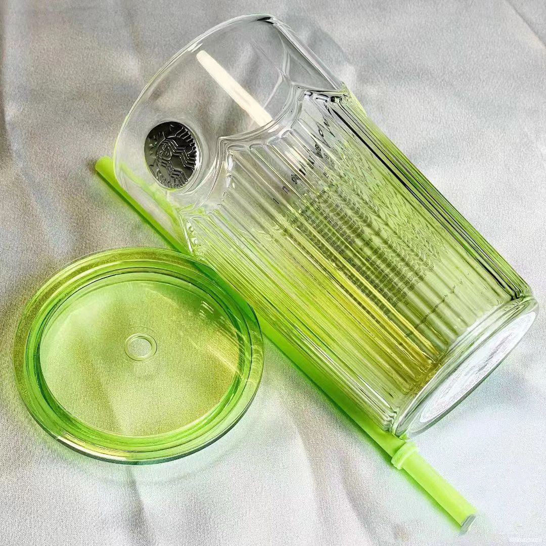 新款杯子音乐狂欢系列473绿色立体棱纹玻璃吸管杯随行杯咖啡杯