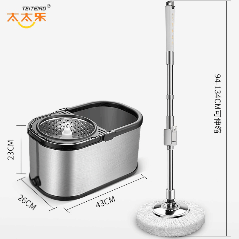 太太乐大号不锈钢旋转拖把桶免手洗甩干脱水双驱动好神拖墩布甩水拖地 金刚侠【不锈钢杆+3个头】