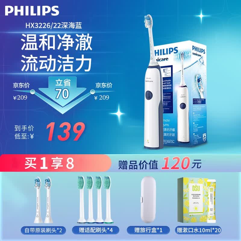 飞利浦（PHILIPS） 电动牙刷成人充电式声波震动情侣牙刷(自带刷头*2)智能净白牙龈呵护 教师节礼物女老师 HX3226/22深海蓝怎么样,好用不?