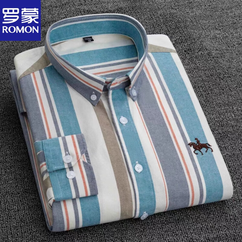 罗蒙(romon)保罗棉竖条纹牛津纺男士衬衫长袖春季棉青休闲商务衬衣
