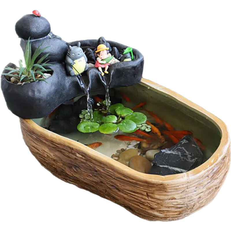 共度（Gong Du）古法養(yǎng)魚缸生態(tài)造景碗蓮陶瓷盆家用陽臺小魚池小型裝飾仿石頭魚缸 橢圓黃色魚缸+枯石山流水器+水泵+黃月牙