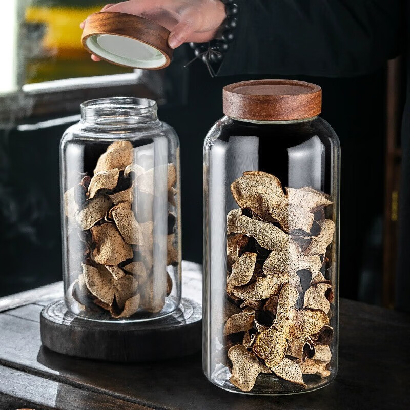 透明玻璃陈皮储存罐大号专用密封罐食品级储物罐干货茶叶罐展示瓶 相思木盖陈皮罐2只+手写贴纸 5L 默认项