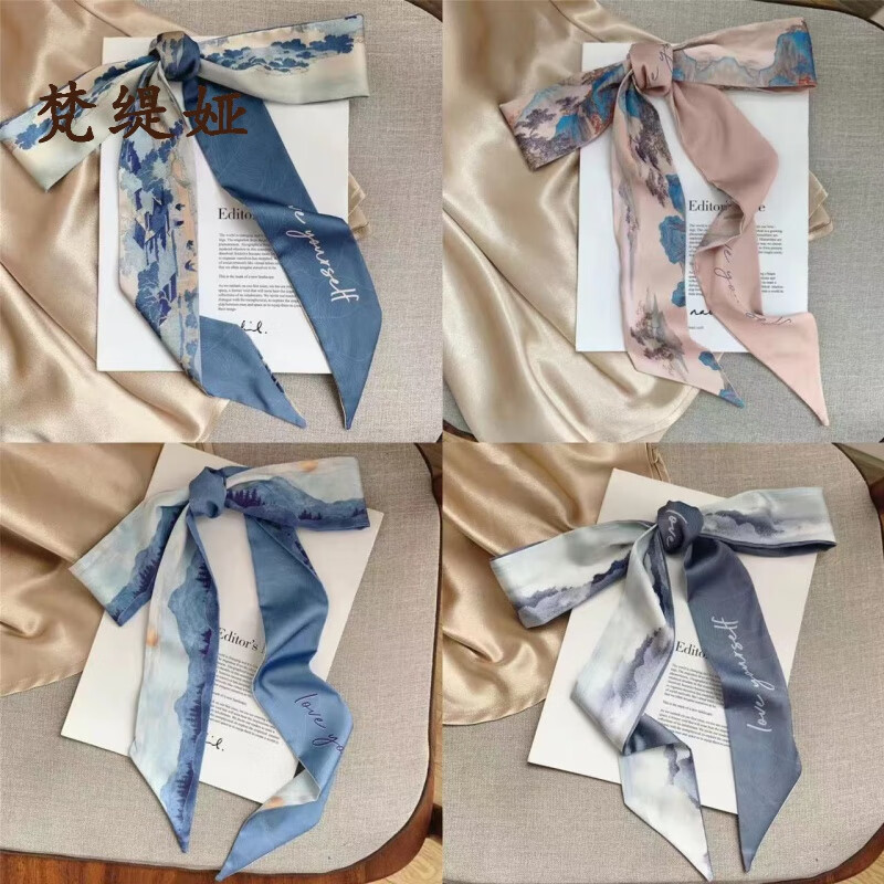 梵緹婭復(fù)古法式蝴蝶結(jié)扎頭發(fā)油畫絲巾發(fā)帶女綁頭巾長條飄帶韓版百搭春秋 古風(fēng)山川+古風(fēng)咖山+日出藍山+宋