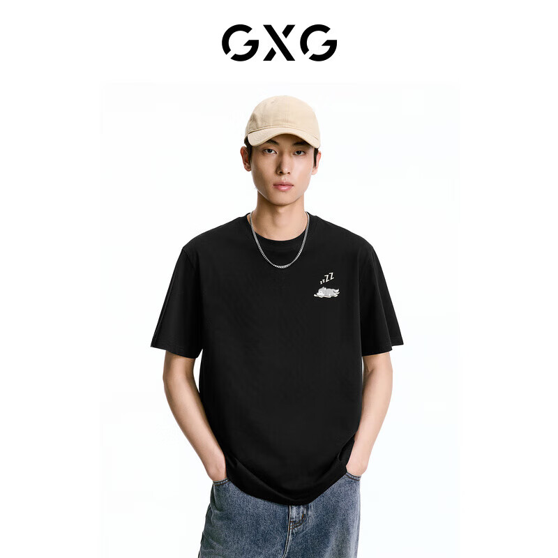 GXG男装2024年双色宽松圆领短袖T恤 黑色 175/L