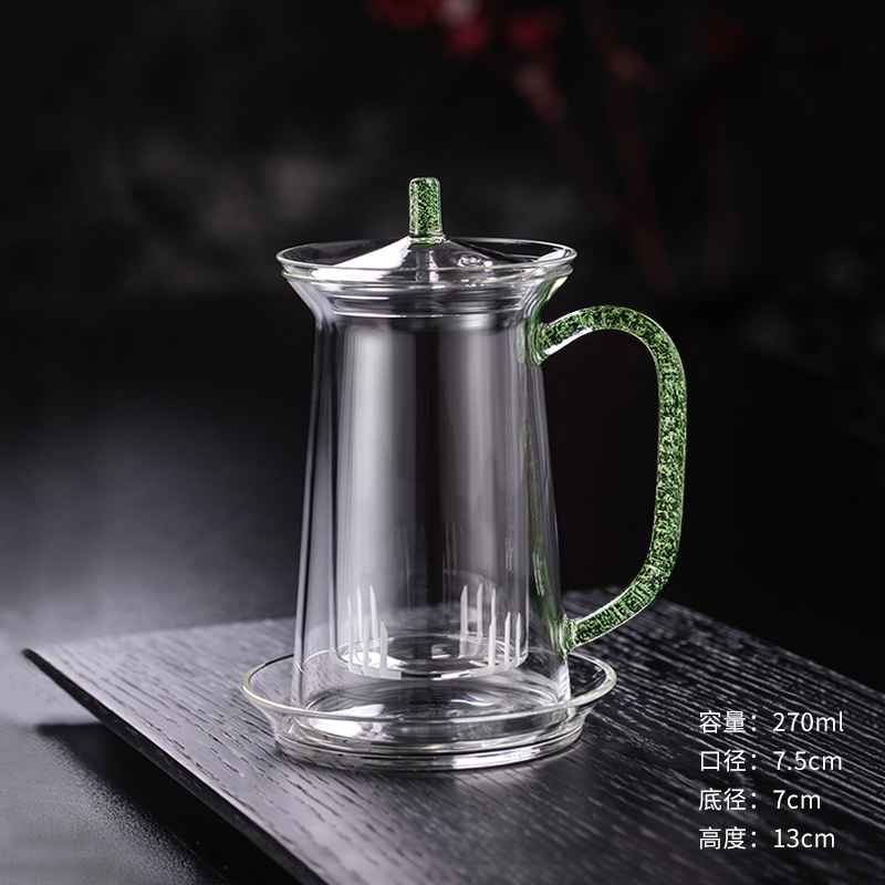 新品禾器绿茶玻璃杯茶水分离泡茶杯带盖办公室喝茶水杯子大润香杯 绿金（小）