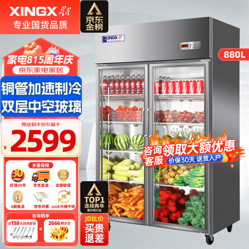 星星（XINGX）展示柜冷藏保鲜柜双开门立式冰柜 冰箱商用大容量饭店食堂厨房点菜饮料啤酒蔬菜水果 双门铜管冷藏保鲜柜880升 BC-980Y