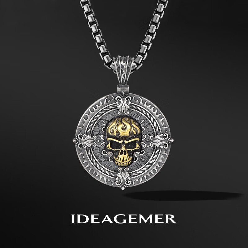 ideagemer原创925银骷髅头项链男士个性复古小众嘻哈痞帅潮流圆牌吊坠