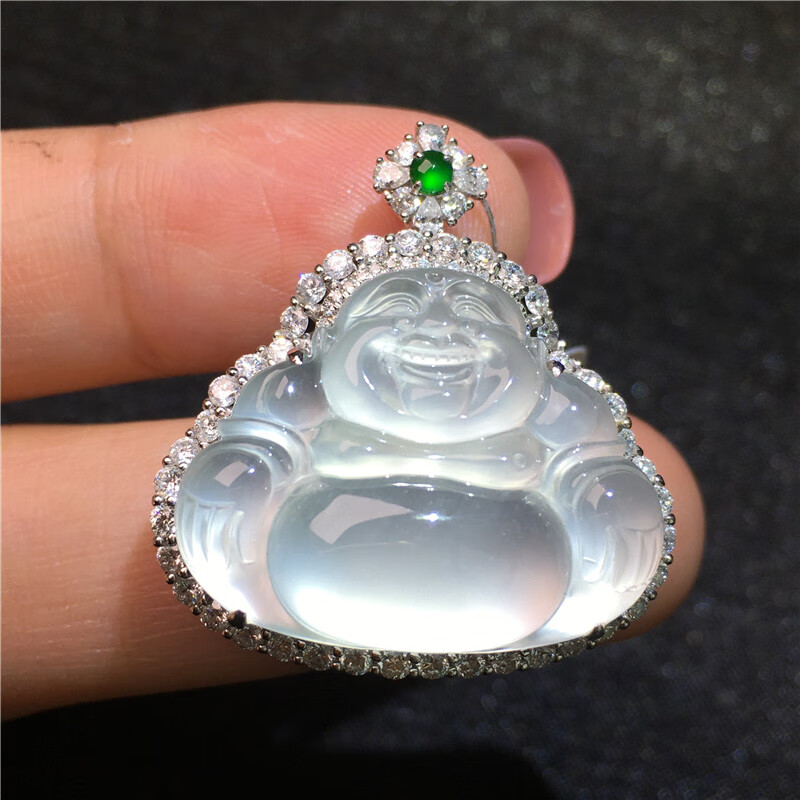 韩生生玻璃种翡翠佛公翡翠白冰种佛公s镶嵌玉笑佛吊坠玻璃种弥勒玉佛