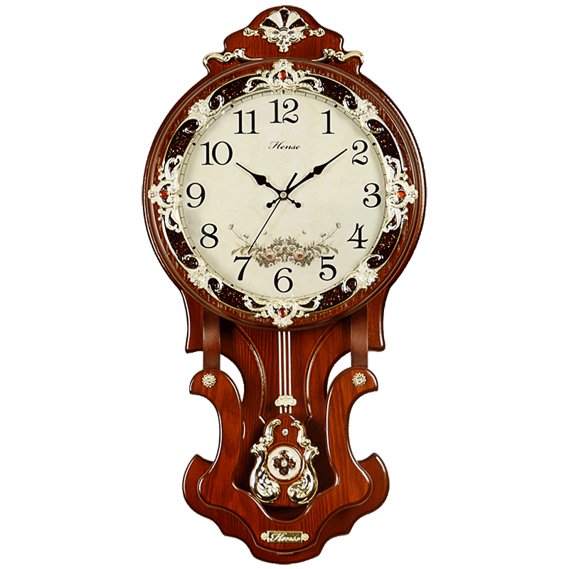 漢時(shí)（Hense）掛鐘歐式復(fù)古實(shí)木客廳家用鐘表創(chuàng)意擺鐘大氣時(shí)鐘掛墻石英鐘HP07 棕色大號(hào)（電波機(jī)芯）