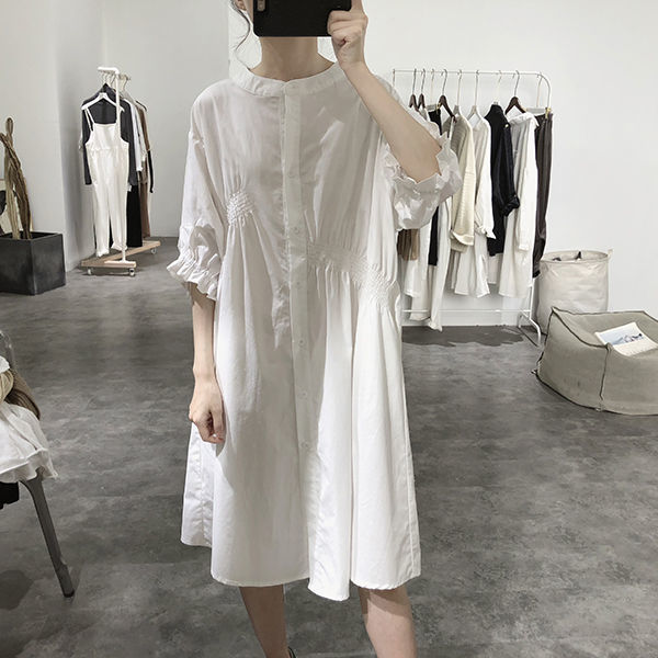 乔骏晟a字裙连衣裙夏新款韩版高腰松紧带七分袖宽松显瘦木耳边棉质中