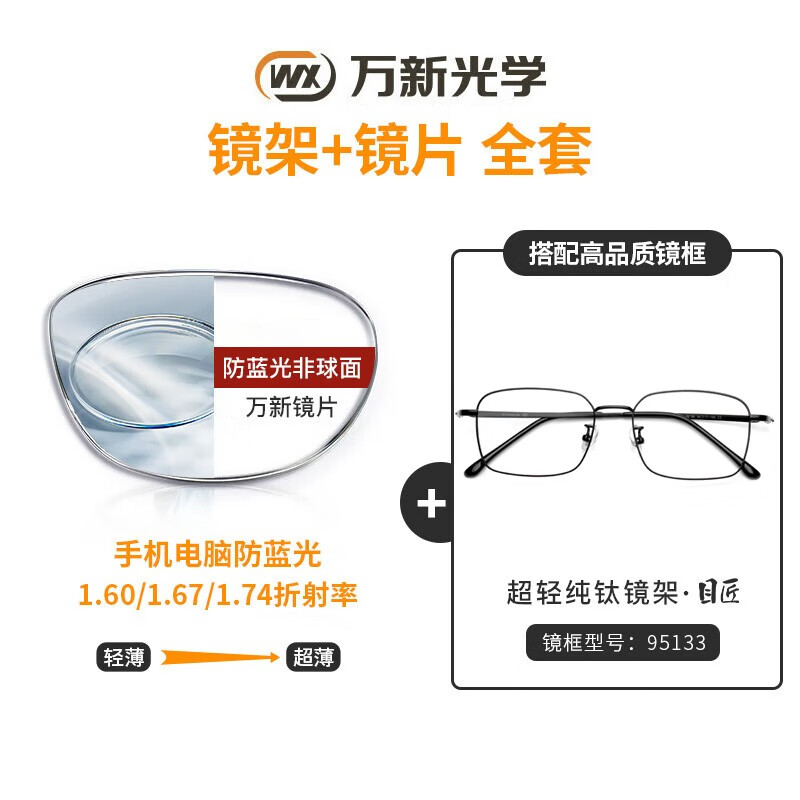 目匠眼镜近视 防蓝光防辐射万新镜片钛架男款可配度数非球面 【纯钛镜架】95133 万新1.60防蓝光0-800°