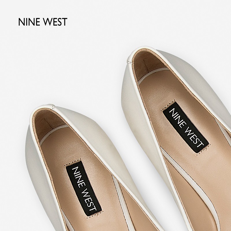NINE WEST/玖熙新款春秋浅口单鞋女尖头小猫跟纯色简约高跟鞋通勤真皮鞋女 米白(5.5cm) NF201040CK 35