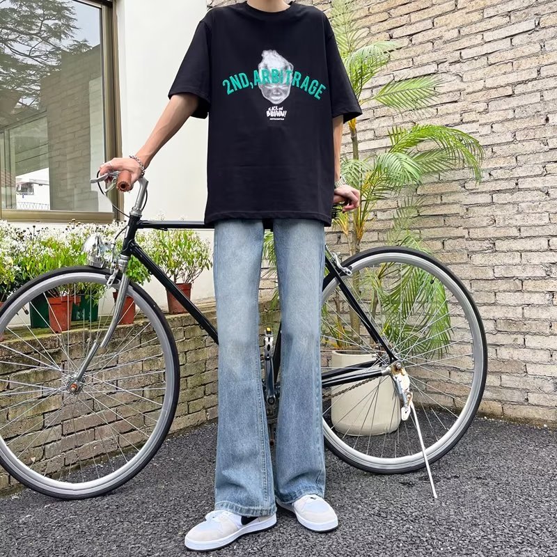 POUM男装联名秋季微喇牛仔裤男宽松直筒垂感裤子男百搭阔腿拖地休闲裤 SXNZ-720浅蓝色 L 【身高165-175体重120-135斤】