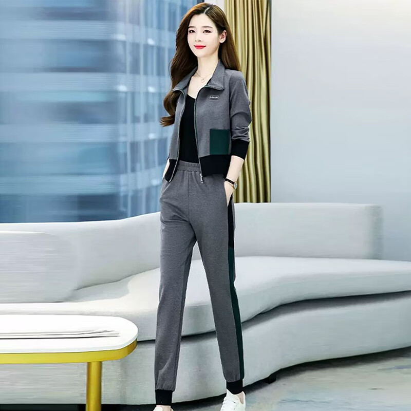 运动两件套套装女裤子2024春秋季新款女装时尚气质女士休闲裤 灰配绿