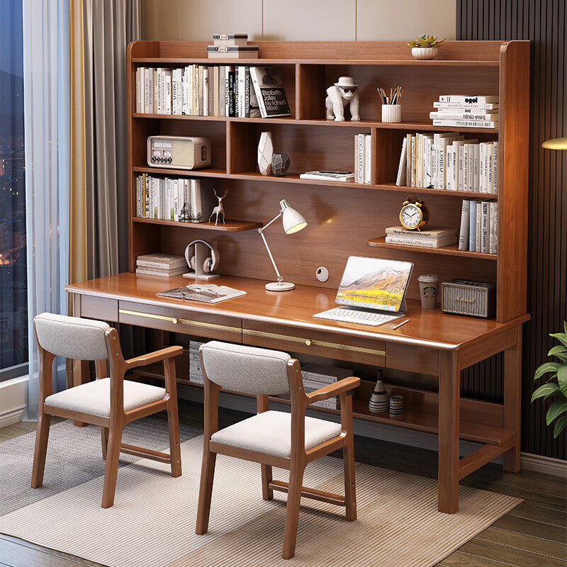诗亭居高中学习桌中学生双人实木书桌书架一体高中学生学习桌卧室并排