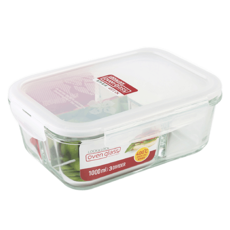 乐扣乐扣（LOCK&LOCK）分隔玻璃保鲜盒格拉斯饭盒微波炉密封容器饭盒便当盒 LLG447CT(3分隔） 1L 单件装