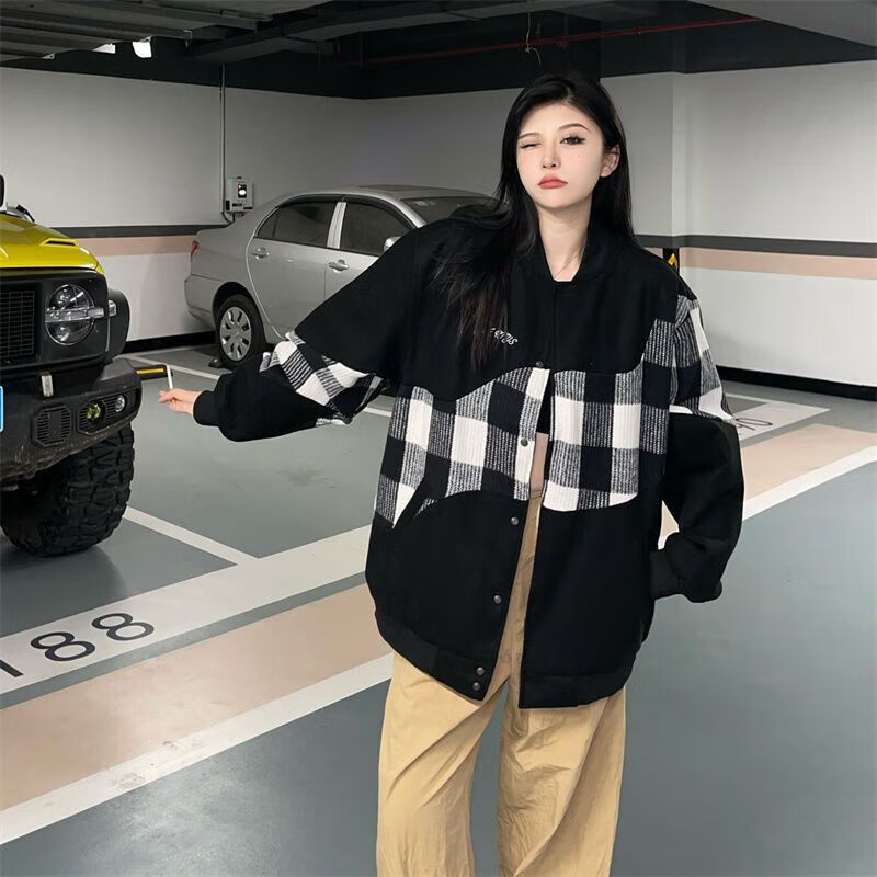 2024新款初中高中学生宽松设计感bf风美式复古棒球服 黑色【内有里布