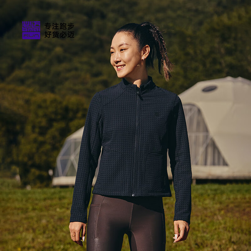 必迈新款男女运动夹克魔方蓄能保暖防风户外训练跑步外套 暗夜黑女 L