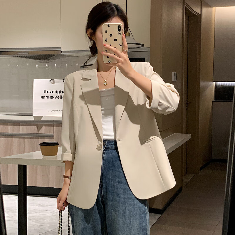 橦舟渡踏青小西装女士米色西装外套女小个子短款2024春夏季韩版感七分