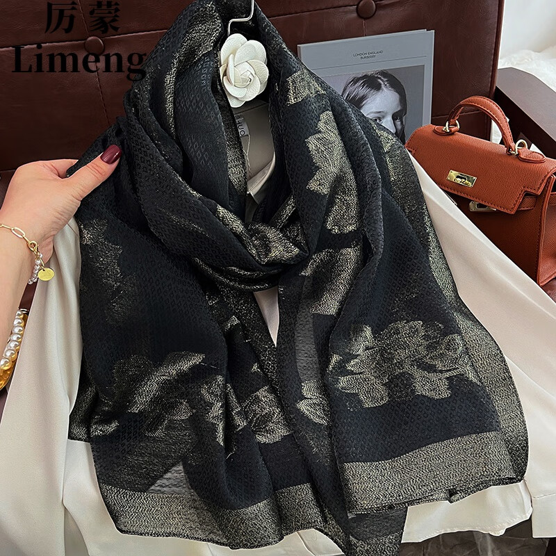 金丝绣花玫瑰花丝巾女时尚洋气百搭纱巾长款刺绣围巾披肩 d50-02黑色