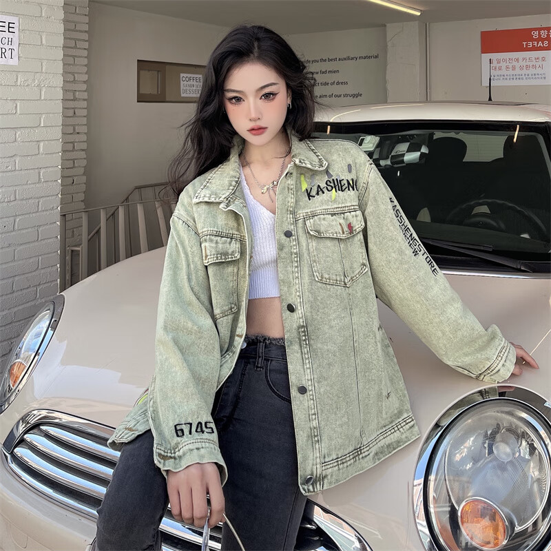 女装潮牌刺绣泼墨牛仔外套女美式复古hiphop街头日系夹克女潮韩版女式