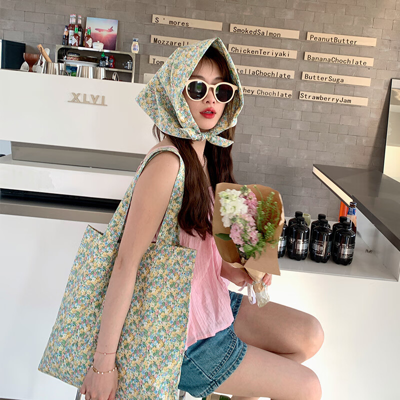 艾伊小众碎花田园风夏季法式仿棉麻围巾70方巾女薄款头巾抹胸旅游摆拍