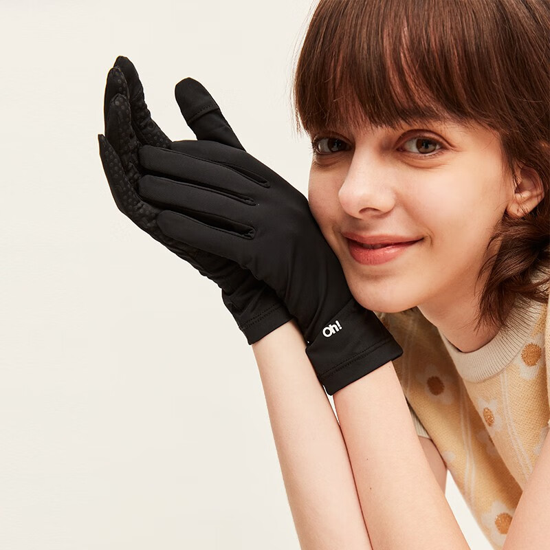 OhSunny防晒手套女款夏季防紫外线防滑短款开车骑行手套 暗夜黑