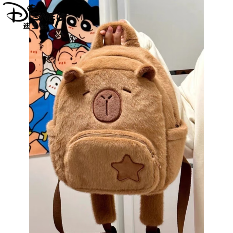 迪士尼（Disney）减负护脊卡皮巴拉毛绒水豚包包双肩女大容量新款2023秋冬可爱书包 水豚背包 35x30
