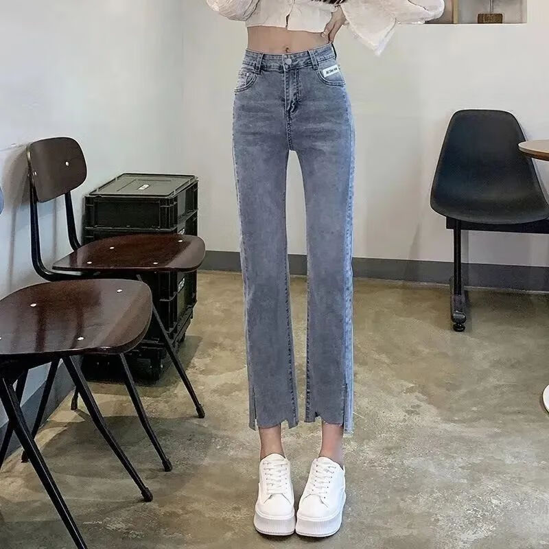 qtxrcz八分裤女小个子烟管裤高腰显瘦2023春秋新款开叉弹力八九分直筒