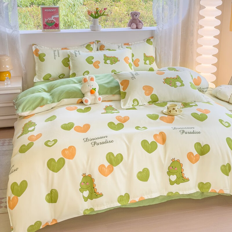 多兰诗（Duolanshi）磨毛四件套 春秋加厚保暖小清新宿舍卡通家用斜纹四件套 心情爱恋 1.8米 床笠款 被套200*230 四件套