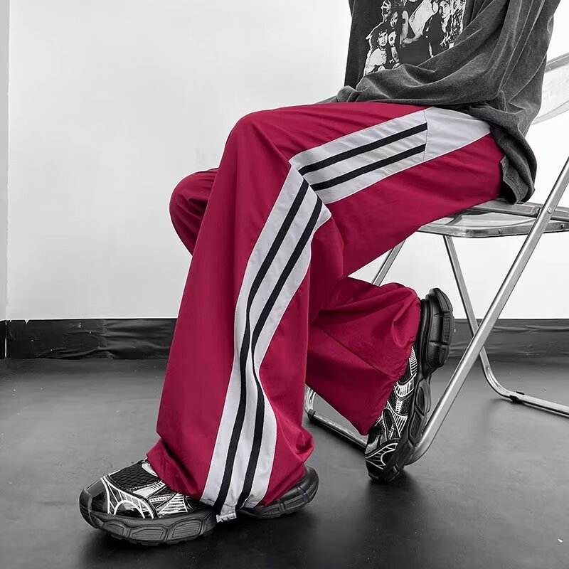 春秋潮牌宽松三条杠拼接条纹裤港风垂感学生时尚阔腿拖地裤子 红色 m