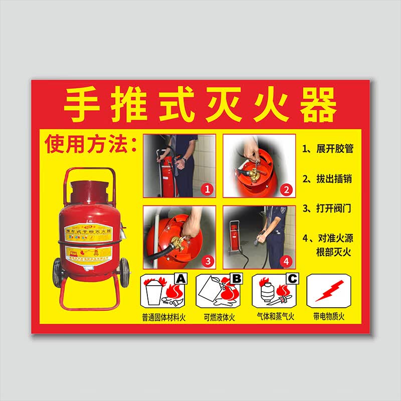 溪沫手推灭火器使用方法标识贴 推车式灭火器使用说明 手推式干粉灭火