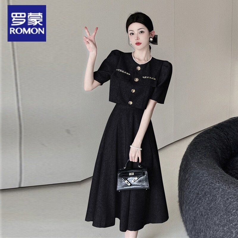 罗蒙夏季女装2024新款连衣裙独特小香风套装盐系轻熟两件套装高腰