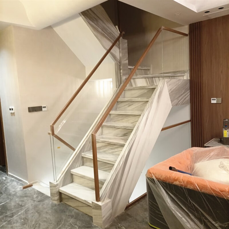 现代玻璃栏杆 钢化玻璃楼梯扶手现代网红奢室内阳台栏杆超白别墅 实木