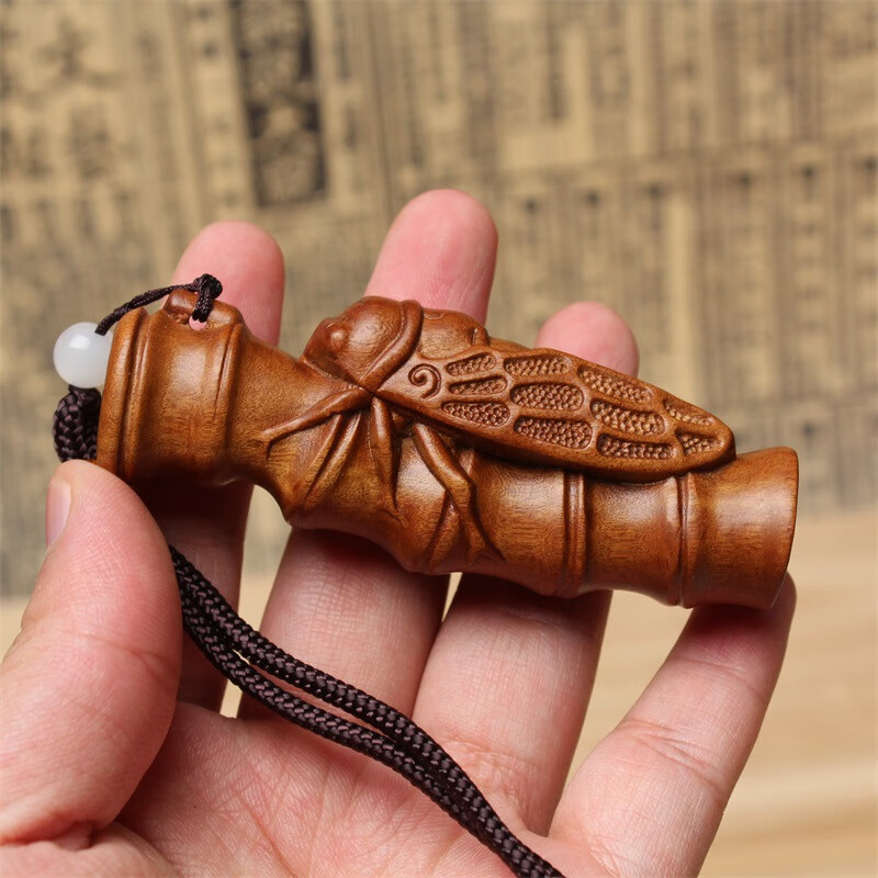 雷击木文玩手把件 枣木蝉抱竹 木雕吊坠挂件实木装饰小摆件 一鸣惊人