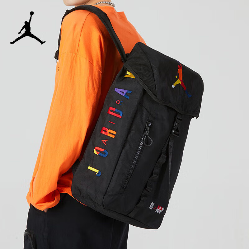 Jordan耐克双肩包男背包大容量学生书包运动包彩虹篮球桶包抽绳包 黑色