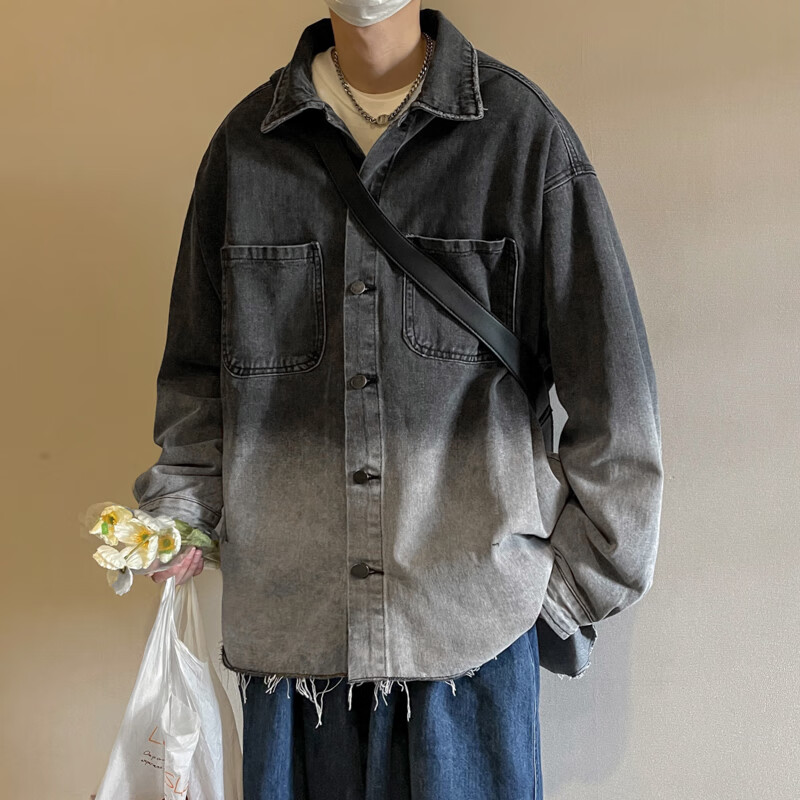 彩铭莱时尚男装2023秋冬男士港风渐变情侣大码宽松牛仔夹克外套男女