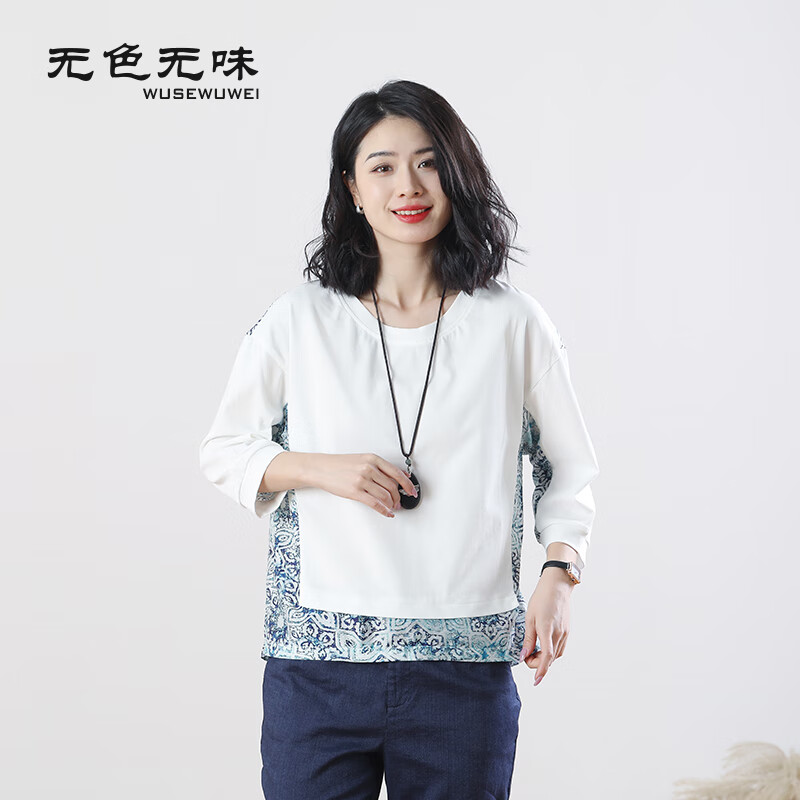 无色无味(wusewuwei)无色无味春季圆领别致七分袖洋气宽松休闲通勤