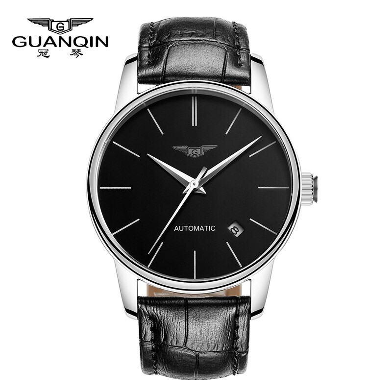 冠琴（GUANQIN）瑞士品质进口机芯手表男士机械表全自动简约薄男表商务防水腕表 白壳黑面黑皮【免费刻字】