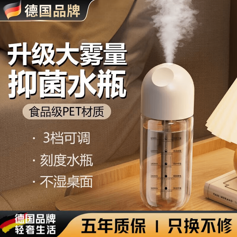 WCZ德国加湿器迷你卧室桌面家用小型办公室车载静音空气加湿净化孕妇婴儿可用空调房喷雾增湿 【充电款】食用级刻度水瓶加湿器 【旗舰版】银离子/断电保护/4根滤芯棉